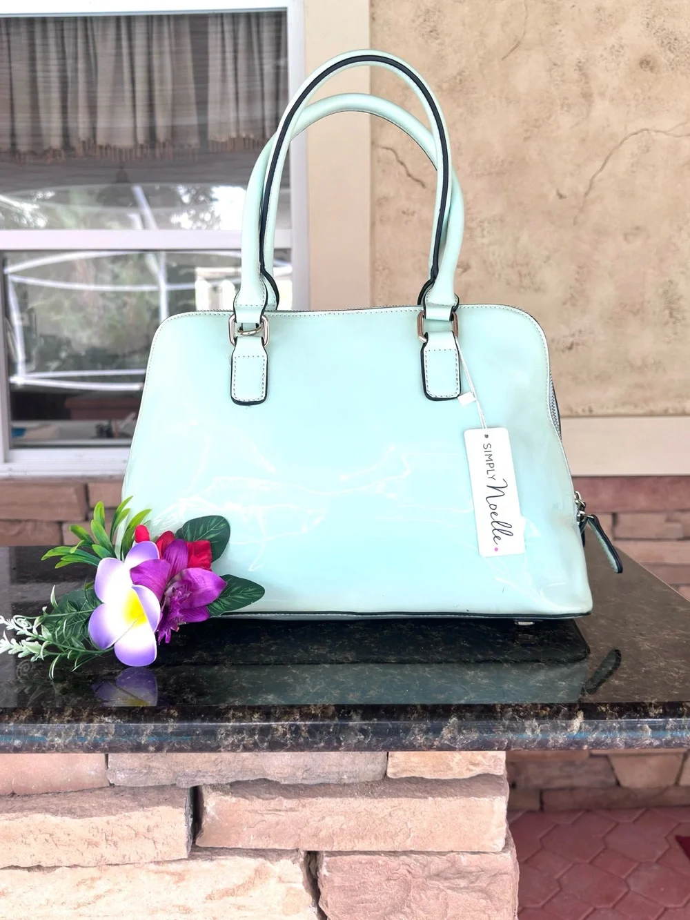 SIMPLY NOELLE ~ Mint Green Patent Sheen Dome Satchel w/Paisley Print Interior